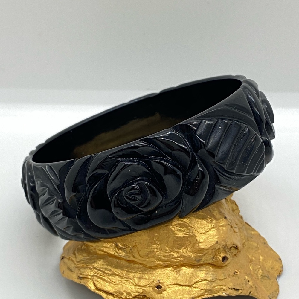 Vintage 1940's Black Bakelite Deeply Carved Rose & Leaves Bracelet ~Tested